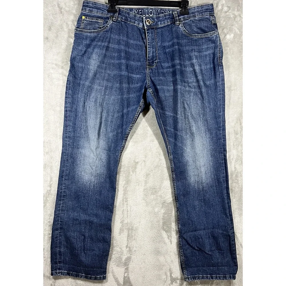 Yellow DNM Workshop Jeans Men's 38x31 Blue Denim Straight Damon Whiskers Wideleg